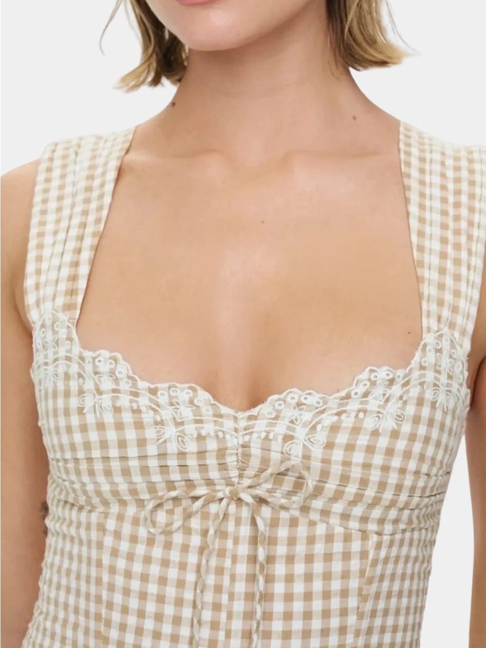 NWT S For Love & Lemons That’s Amor tan Gingham Mini Dress sweetheart corset - Picture 3 of 12